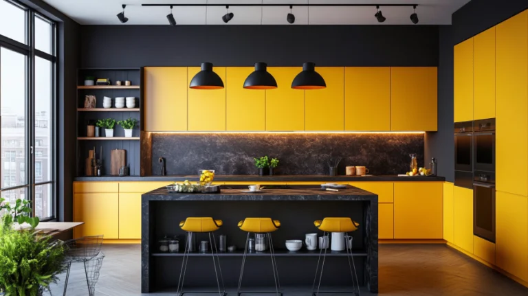 A kitchen with yellow cabinets, sleek modern appliances, and stylish lighting, creating a multifunctional and efficient space