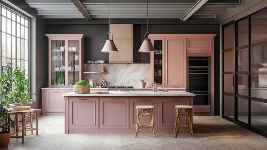 A kitchen with pink cabinets and wooden accents, using zoning design to separate cooking and dining areas.