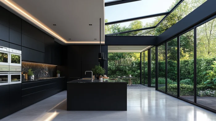 A kitchen with black cabinets and large windows, creating an open, airy atmosphere with plenty of natural light.