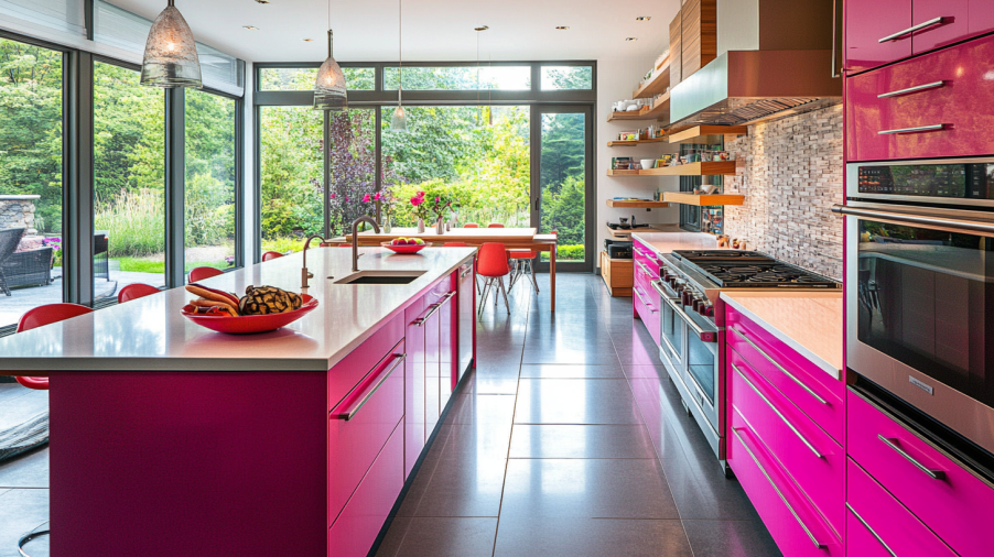 vibrant bright pink kitchen with an open-plan design, featuring a pink island as the focal point.