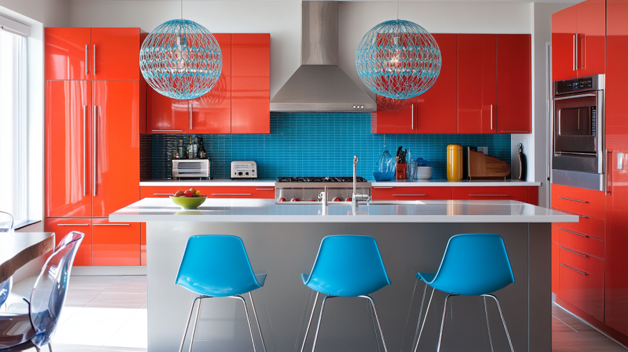 Kitchen with red kitchen cabinets, blue backsplash, and modern stools, creating a vibrant and playful atmosphere.