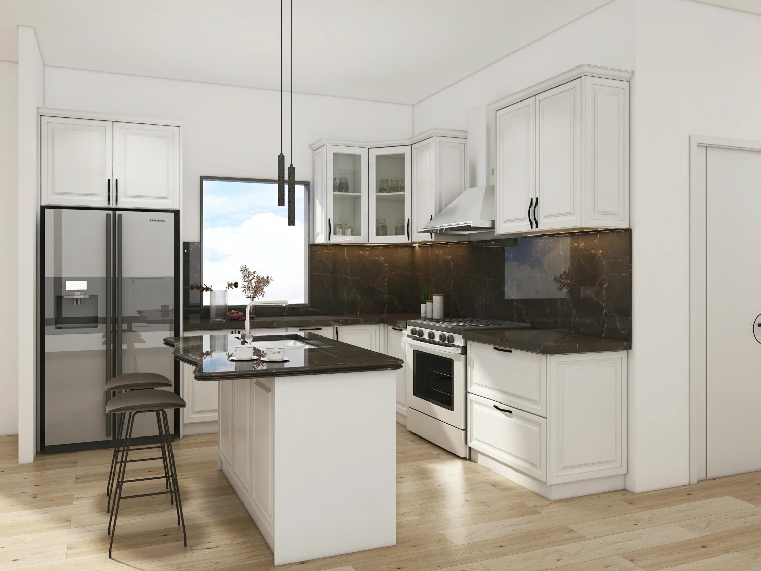 A small kitchen with white shaker kitchen cabinets, glass-fronted cabinets, and dark marble countertops creating a spacious feel