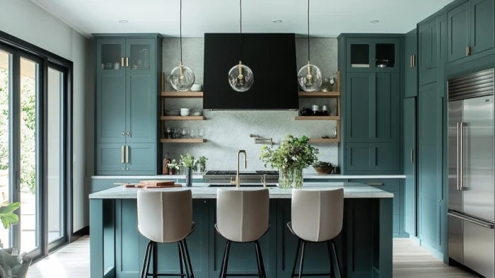 Chic monochromatic kitchen with teal and gray cabinetry, offering a sophisticated, modern design.