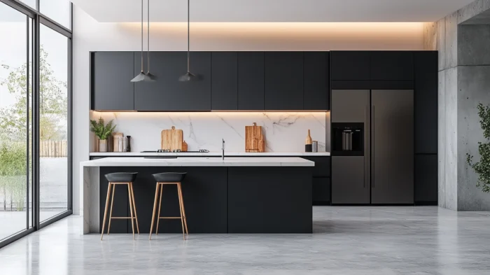modern kitchen with black cabinets, light-colored flooring, and a marble backsplash, creating a harmonious design.
