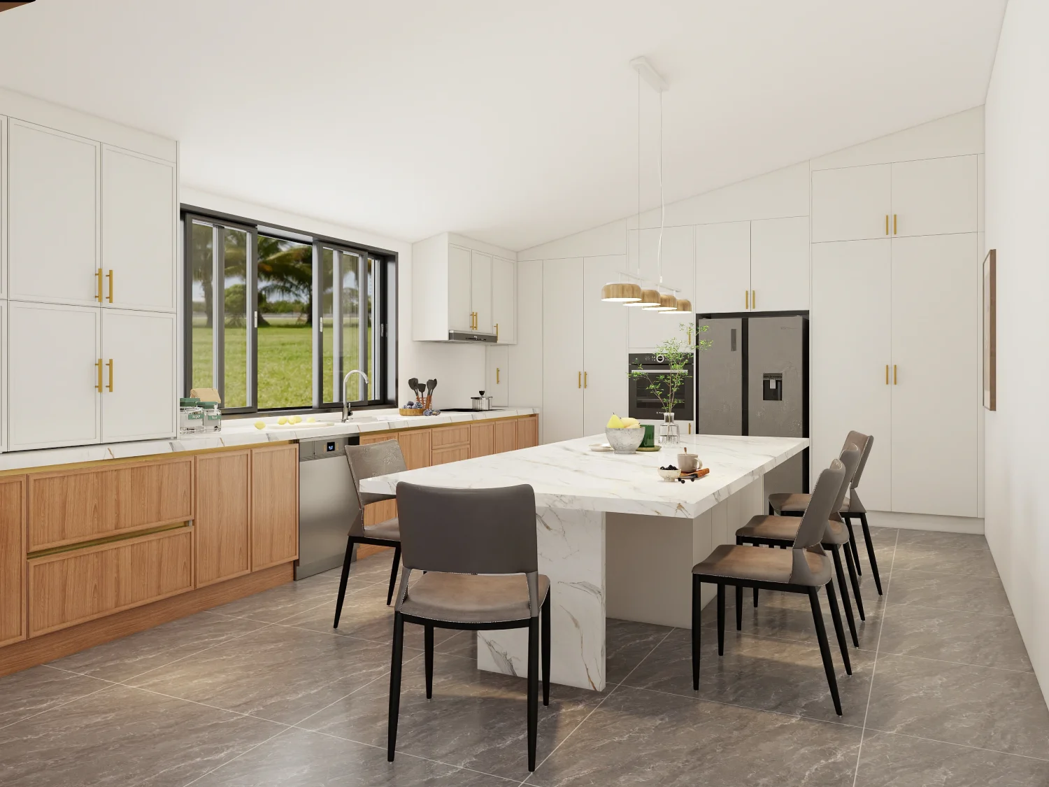A kitchen with white shaker kitchen cabinets and a large island with extra storage and seating for a functional design