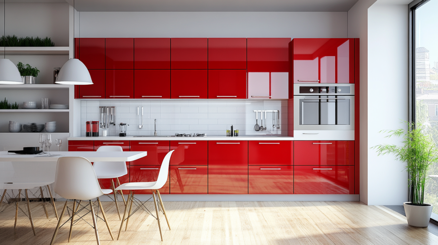 Small kitchen with red kitchen cabinets, white countertops, and modern design elements, creating an energetic and welcoming atmosphere.