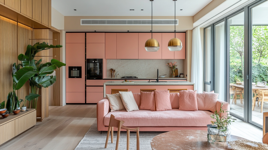 A soft pink kitchen in an open-plan living space with natural light and a harmonious flow.