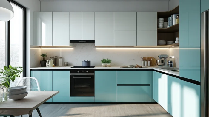 Kitchen with teal lower cabinets and pastel upper cabinets for a soft, complementary contrast.