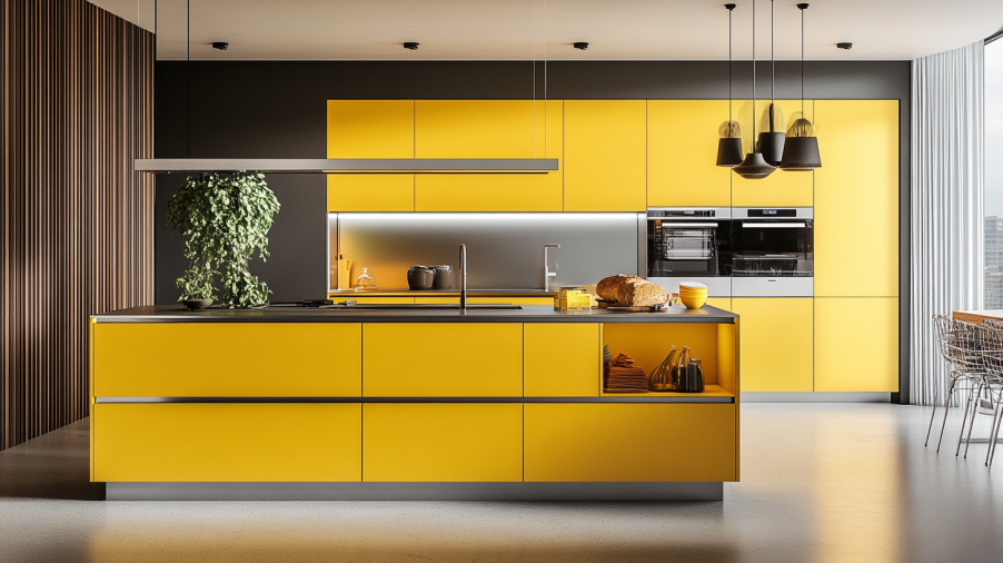 A modern kitchen with yellow cabinets and natural stone countertops, creating a beautiful contrast between bright and earthy tones