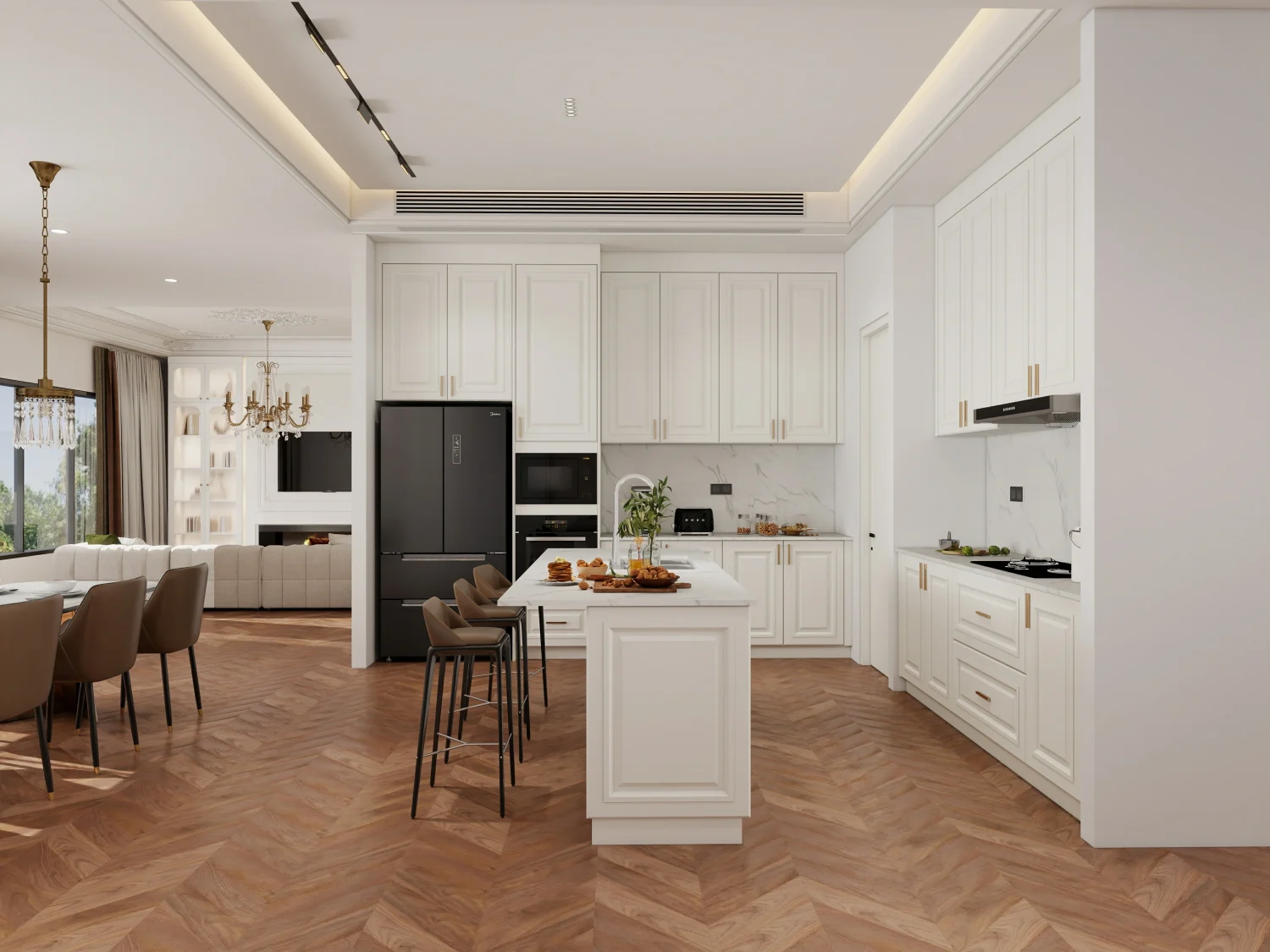 A kitchen with white shaker kitchen cabinets in an L-shaped layout, maximizing corner space and improving workflow