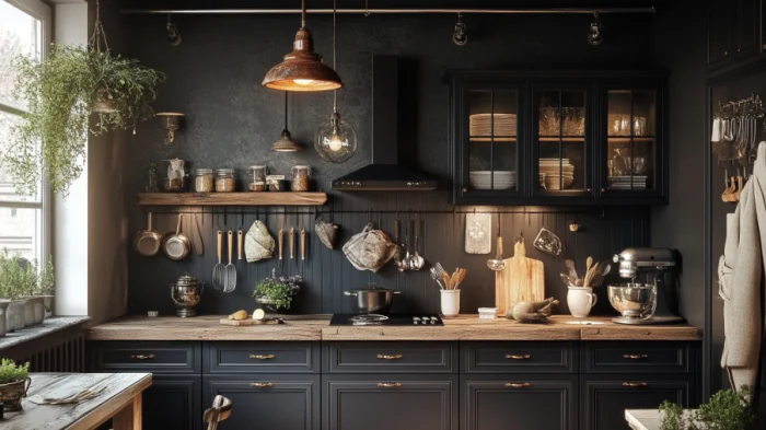 A kitchen with black cabinets and rustic country-style elements, including wooden countertops and vintage accessories.