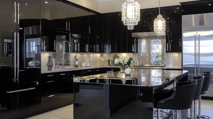 A luxurious kitchen with black cabinets and mirrored elements, creating a sleek, reflective, and spacious feel.