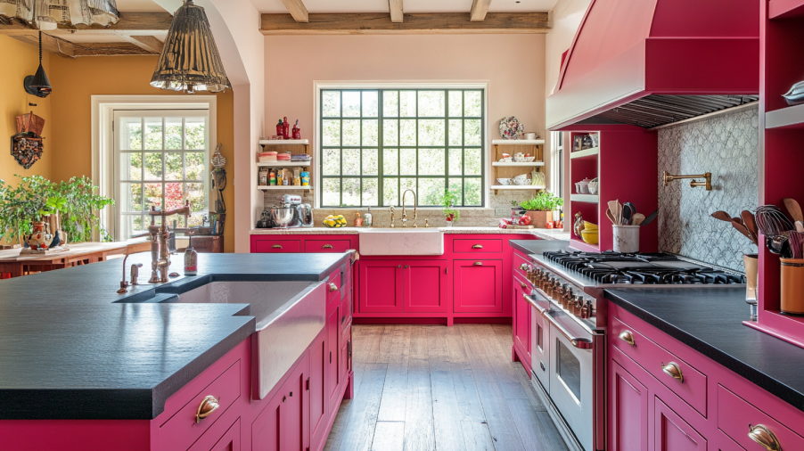 A contemporary pink kitchen with dark countertops creating a striking contrast with the cabinets.