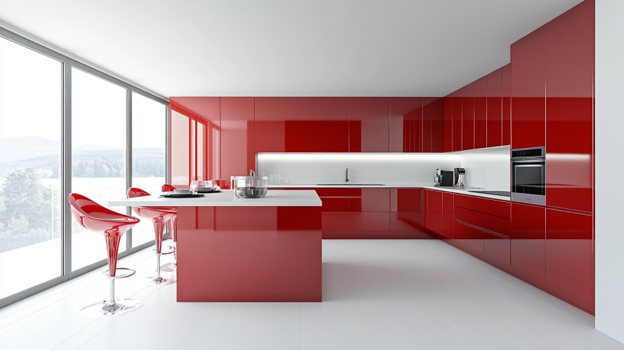 Large kitchen with bright red kitchen cabinets, sleek countertops, and modern design, creating a bold focal point.