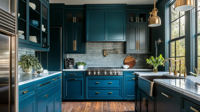 Sophisticated kitchen with teal lower cabinets and navy blue accents, offering a deep, rich color scheme.