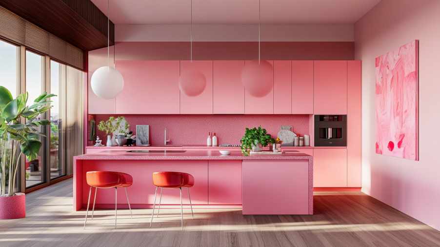 A modern pink kitchen with artistic decor and personal touches adding character to the space.
