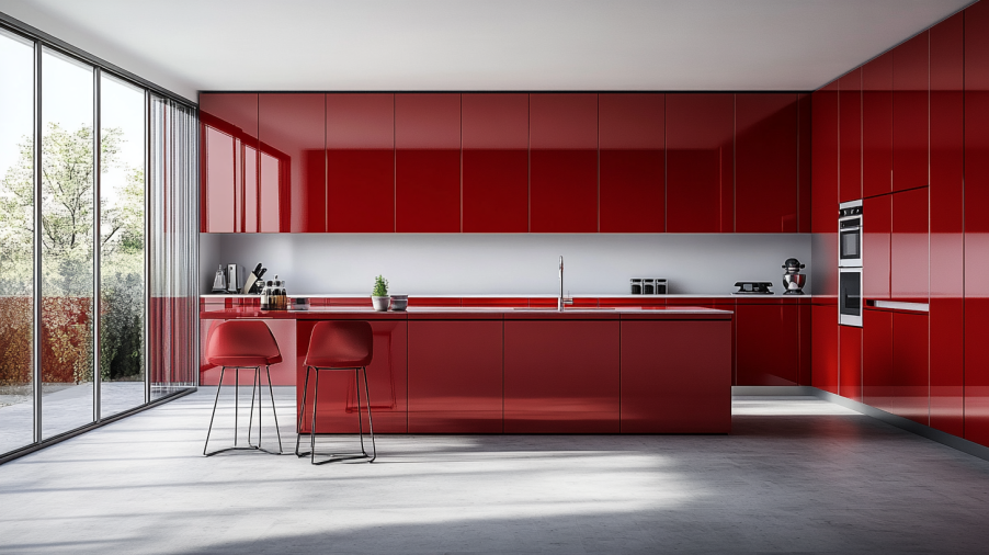 Modern kitchen with bright red kitchen cabinets, minimalist design, and sleek countertops, creating a stylish and functional space.