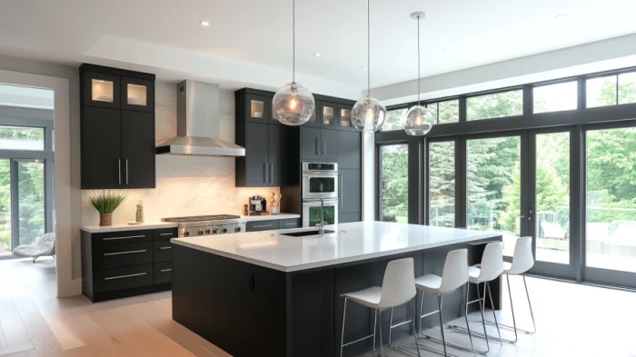 25 Best Black Kitchen Cabinet Ideas 3 A kitchen with black cabinets, white ceilings, and large windows, creating a bright and airy space.