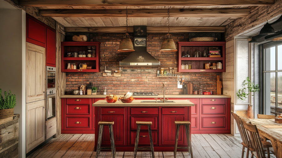 Rustic kitchen with brick red kitchen cabinets, wooden beams, and brick backsplash, creating a cozy farmhouse atmosphere.