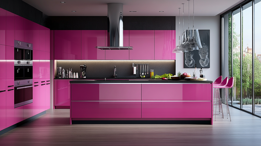 A bold kitchen with vibrant bright pink cabinets and modern appliances.