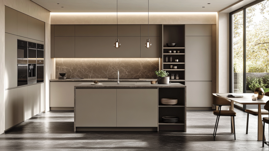 A sleek kitchen featuring matte Taupe cabinets, providing a contemporary, understated look with clean lines and a minimalist feel.