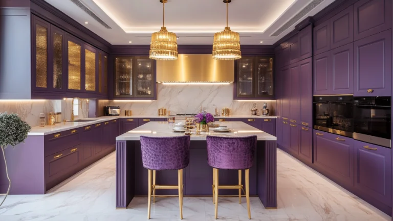 Luxury kitchen with purple cabinets paired with gold accents on hardware and light fixtures for an opulent touch.