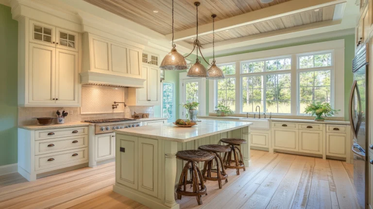 A coastal-inspired kitchen with cream-colored cabinets and soft mint green walls, offering a fresh and tranquil atmosphere.