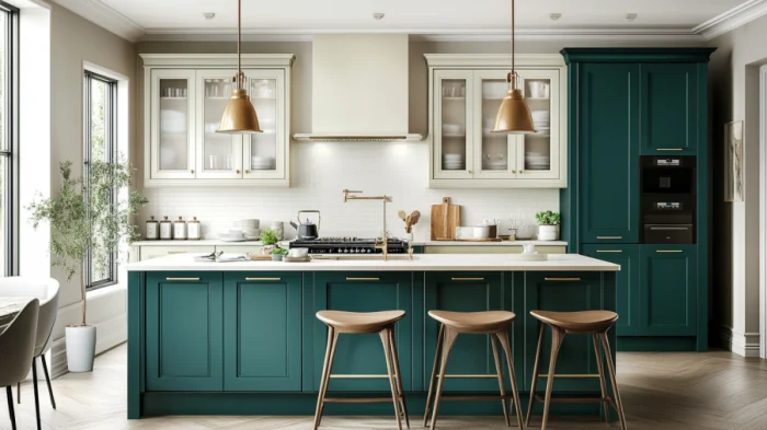 Rustic kitchen with teal cabinets, natural wood accents, and warm lighting, offering a cozy and inviting atmosphere.