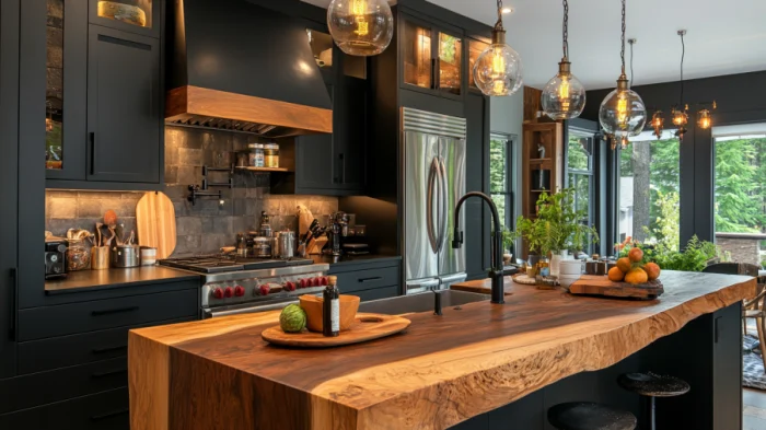 25 Best Black Kitchen Cabinet Ideas 4 A kitchen with black cabinets and a natural wood island, blending rustic and modern elements.