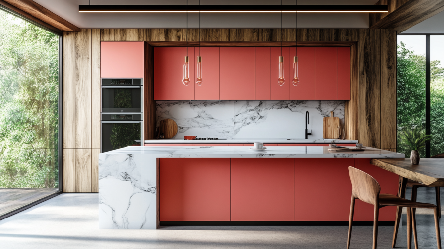 Modern kitchen with coral red kitchen cabinets, marble countertops, and natural wood accents, creating a fresh and warm atmosphere.