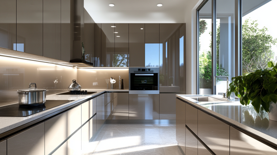 A luxurious kitchen with glossy Taupe cabinets reflecting light, paired with high-end countertops and modern appliances for an elegant look.