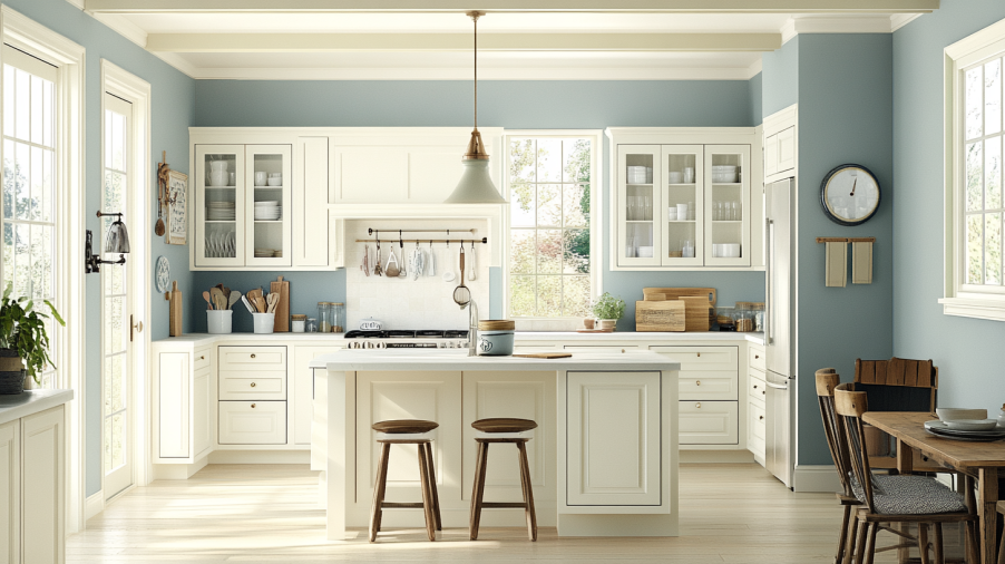 A vintage-style kitchen with cream-colored cabinets and pale blue walls, creating a light and airy ambiance.