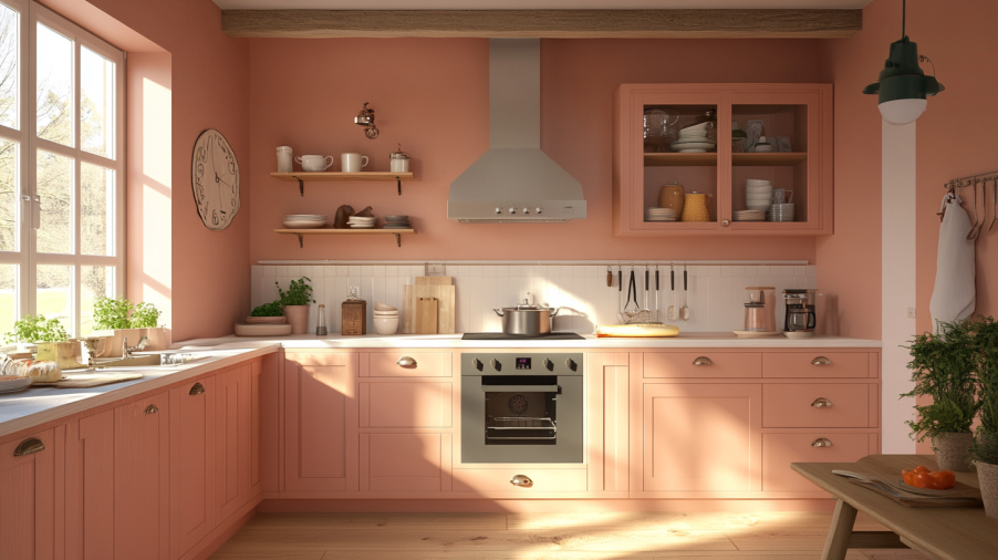 A warm, inviting kitchen with peach pink cabinets, creating a cozy atmosphere.
