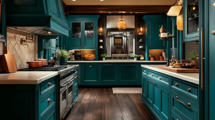 Rustic kitchen with teal cabinets, natural wood accents, and warm lighting, offering a cozy and inviting atmosphere.