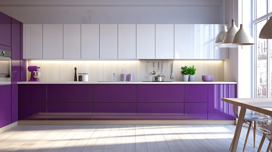 Two-tone kitchen design with purple lower cabinets and white upper cabinets, creating a balanced and dynamic look.