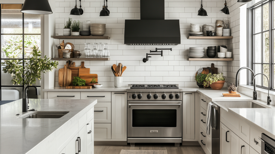 A kitchen with white shaker kitchen cabinets, black metal handles, stainless steel backsplash, and industrial lighting fixtures
