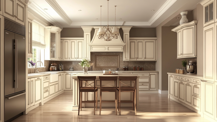 An elegant kitchen with cream-colored cabinets and light taupe walls, offering a sophisticated and timeless look.