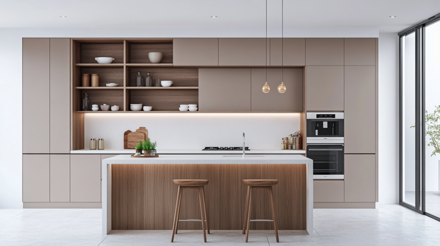 A minimalist kitchen featuring Taupe cabinets, simple lines, open shelving, and functional design elements that create a spacious, inviting environment.