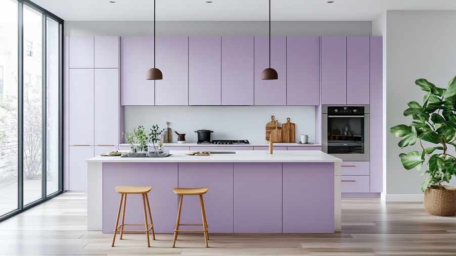 Contemporary kitchen with purple matte finish cabinets, offering a sleek and subtle modern design.