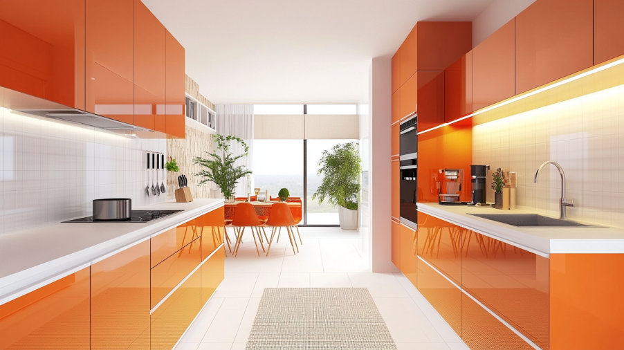 Modern kitchen with orange red kitchen cabinets, white walls, and bright lighting, creating a lively and energetic atmosphere.