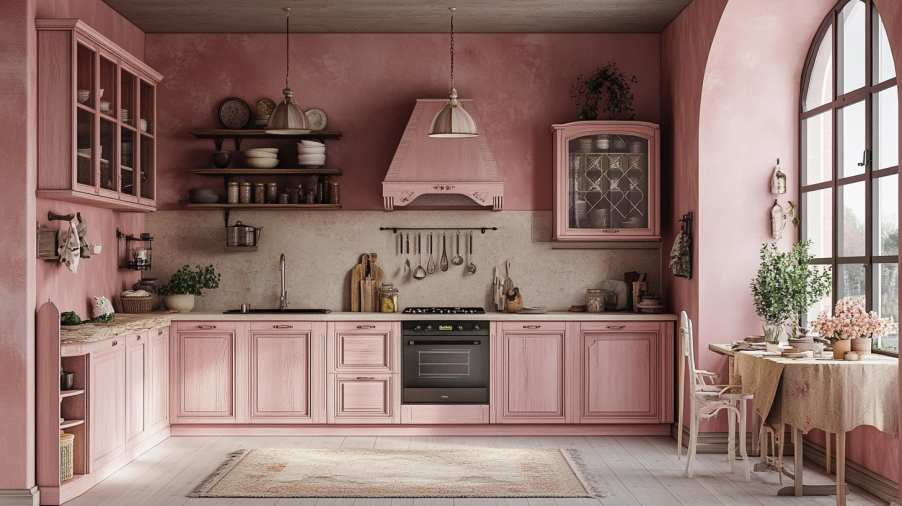 A romantic kitchen with rose pink cabinets and elegant farmhouse decor.