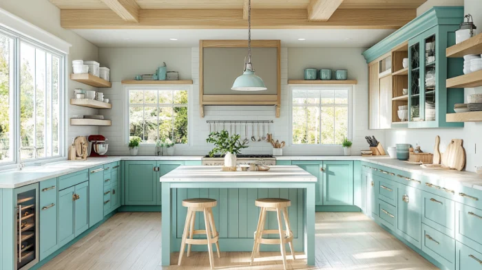 Coastal kitchen with soft teal cabinets, natural wood accents, and plenty of natural light, offering a breezy and inviting atmosphere.