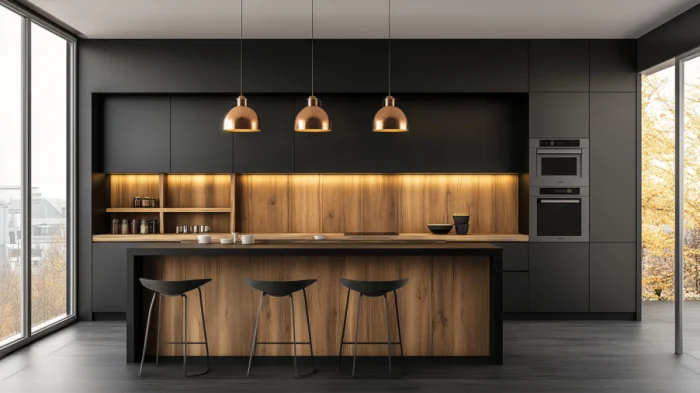 25 Best Black Kitchen Cabinet Ideas 6 A kitchen with black cabinets and wooden wall panels, combining modern and rustic design elements.