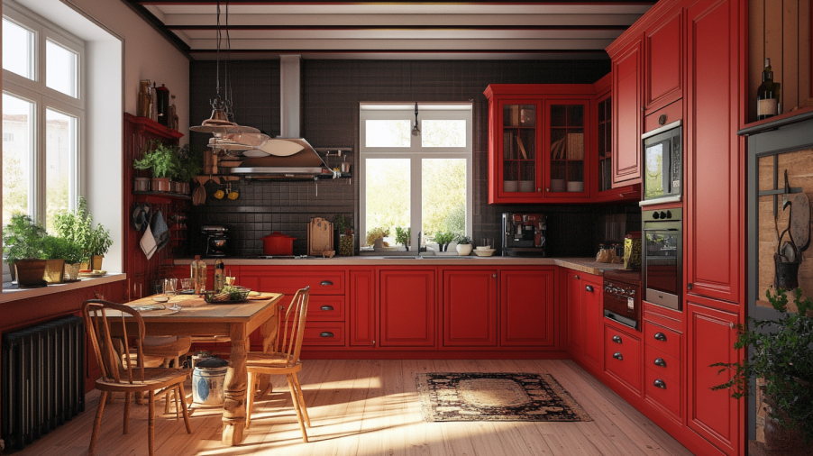 Traditional kitchen with classic red kitchen cabinets, wooden floors, and rustic design elements, creating a warm, nostalgic atmosphere.