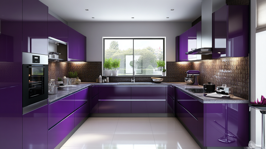 Modern kitchen with glossy purple cabinets, reflecting light for a sleek and expansive look.