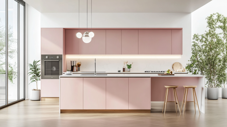 A modern kitchen with soft blush pink cabinets, white walls, and minimalist design.
