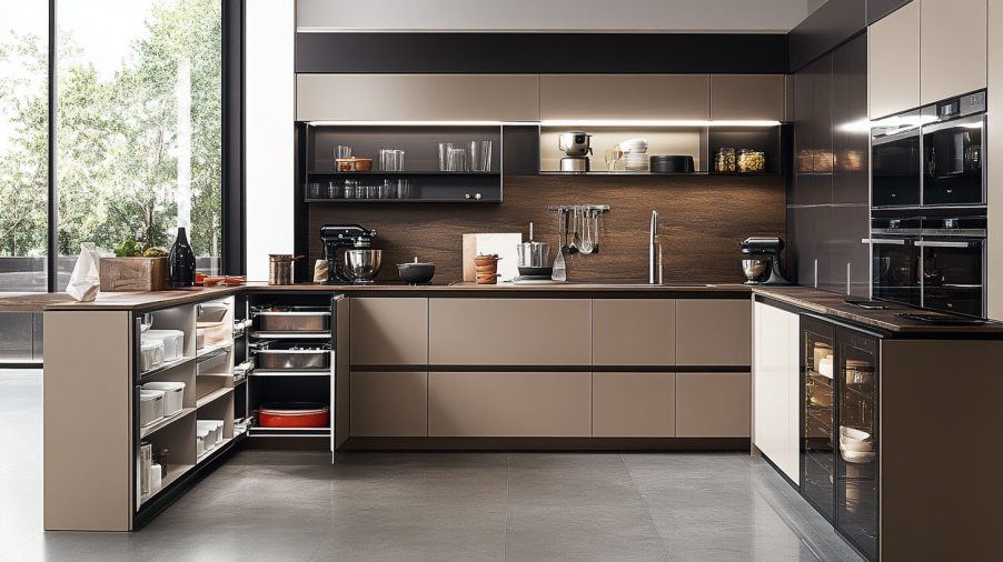 A modern kitchen featuring Taupe cabinets with innovative smart storage solutions like pull-out shelves and integrated appliances.