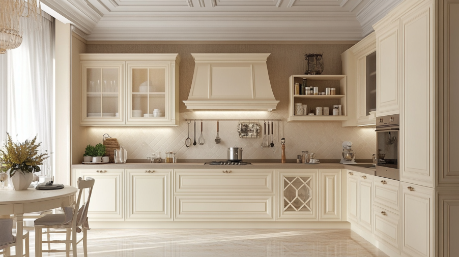 A classic kitchen with cream-colored cabinets and warm ivory walls, creating a serene and cohesive environment.