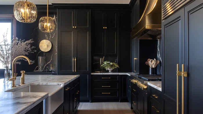 25 Best Black Kitchen Cabinet Ideas 7 A luxurious kitchen with black cabinets, gold handles, and elegant lighting fixtures, creating a high-end design.
