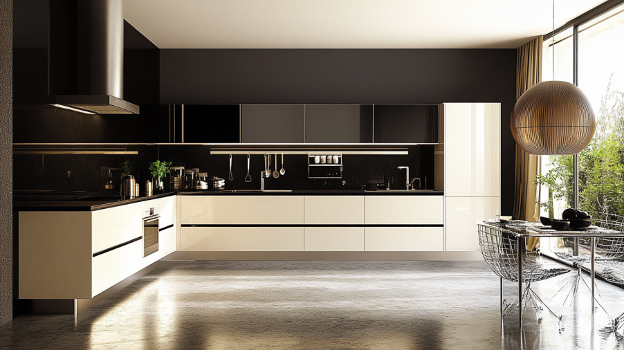 A contemporary kitchen with cream-colored cabinets and bold charcoal gray walls, creating a striking contrast and modern feel.